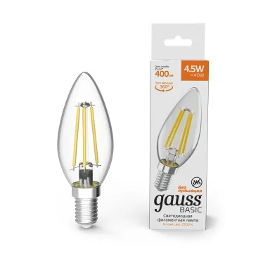 Лампа светодиодная Basic Filament Свеча 4,5W 400lm 2700К Е14 LED 1/10/50 | 1031115 | Gauss