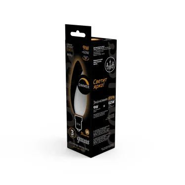 Лампа светодиодная Filament Свеча 9W 590lm 3000К Е14 milky диммируемая LED 1/10/50 | 103201109-D | Gauss