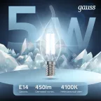 Лампа светодиодная LED 5Вт E14 220В 4100К свеча на ветру | 104801205 | Gauss