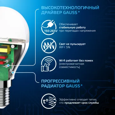 Лампа светодиодная Шар 6.5W 550lm 6500K E14 LED 1/10/100 | 105101307 | Gauss
