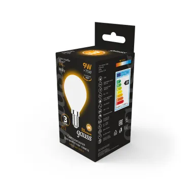 Лампа светодиодная Filament Шар 9W 590lm 3000К Е14 milky LED 1/10/50 | 105201109 | Gauss