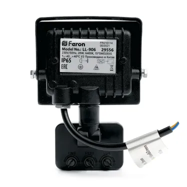 Прожектор светодиодный LL-906 с датчиком 20W 6400K 230V черный IP44 121*160*53мм | 29556 | FERON