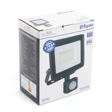 Прожектор светодиодный LL-906 с датчиком 20W 6400K 230V черный IP44 121*160*53мм | 29556 | FERON