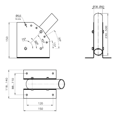 Кронштейн для уличных светильников с переменным углом 230х150х130 D60мм | 903265103 | Gauss