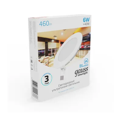 Встраиваемый светильник ультратонкий круглый IP20 6W120х22 O 105 6500K 460лм 1/20 | 939111306 | Gauss