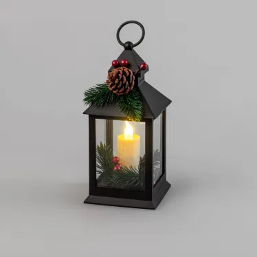 Декоративный фонарь со свечкой и шишкой, черный корпус, размер 10,7x10,7x23,5 см, цвет теплый белый | 513-047 | NEON-NIGHT