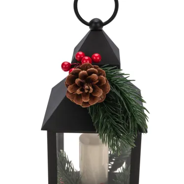 Декоративный фонарь со свечкой и шишкой, черный корпус, размер 10,7x10,7x23,5 см, цвет теплый белый | 513-047 | NEON-NIGHT