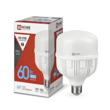 Лампа светодиодная промышленная LED-HP-PRO 60Вт 230В E27 с адаптером Е40 6500К 5400Лм | 4690612031132 | IN HOME