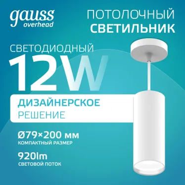 Светильник светодиодный накладной/подвесной HD036 12W (белый/белый) 4100K 79*200мм 1/10 | HD036 | Gauss