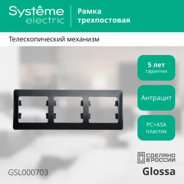 GLOSSA Рамка 3 поста горизонтальная антрацит