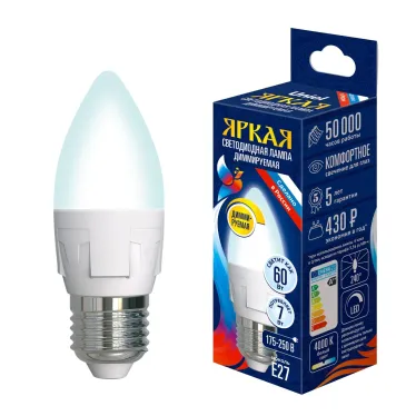 Лампа светодиодная LED-C37 7W/4000K/E27/FR/DIM PLP01WH LED, димм.. «свеча», мат, серия Яркая, пр-во Россия, 4000К . | UL-00004295 | Uniel