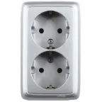 Розетка двойная наружная с заземлением с изоляционной пластиной серебро