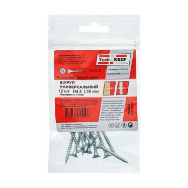 Шуруп универсальный 4,5х35 потайная головка, остроконечный, оцинкованный (12шт) - пакет