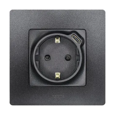 Розетка с заземлением с USB тип C - Etika - со шторками 16А 250В 1500мА 7,5Вт безвинтовые зажимы - антрацит