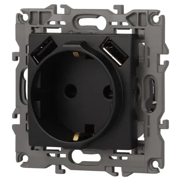 Розетка 2P+E 16A-250В, штор. с 2xUSB 5В-3А, Эра Elegance, антрацит 14-4109-05