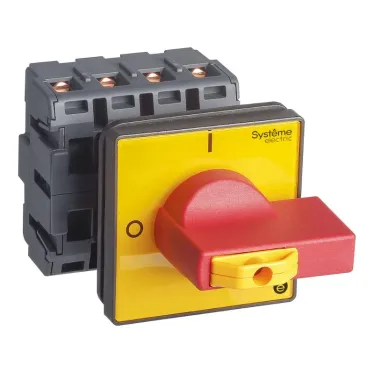 ВЫКЛЮЧАТЕЛЬ-РАЗЪЕДИНИТЕЛЬ 4P 40A IP20 С КРАСНОЙ РУКОЯТКОЙ НА ДВЕРЦУ 4 ВИНТА 1 ЗАМОК