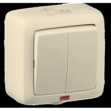 Выключатель двухклавишный наружный с индикацией слоновая кость IP44 16А