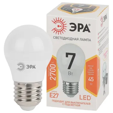 Лампа светодиодная Эра LED P45-7W-827-E27 (диод, шар, 7Вт, тепл, E27)