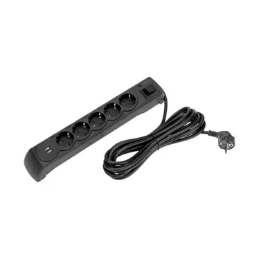 Фильтр сетевой 5 гнезд, 5 м, 3х1,5 мм2, с автовыкл, 2 USB, черный