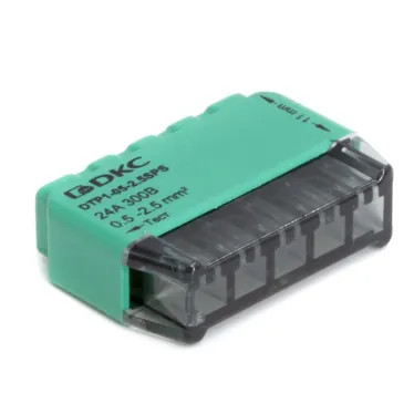 Клемма строительно-монтажная (СМК) на 5 проводника до 2.5 кв. мм. на токи до 24А (зеленая)