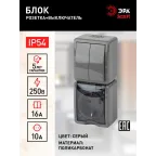 Блок розетка+выкл. двойн. верт. IP54, 16A(10AX)-250В, ОУ, Эра Эксперт, серый, 11-7408-03