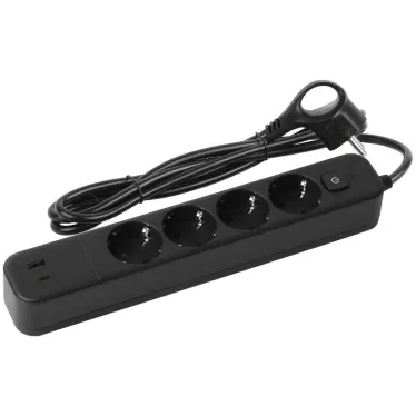 Сетевой фильтр USF-4es-1,5m-2xUSBAC-B с базовой защитой с заземлением с выкл. 4 розетки+2xUSBA+C 2,4A 1,5м 10А