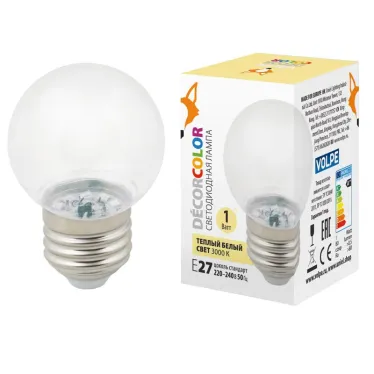 LED-G45-1W/3000K/E27/CL/С Лампа декоративная светоддиодная. Форма шар, прозрачная. Теплый белыйсвет (3000K). Картон. ТМ Volpe.