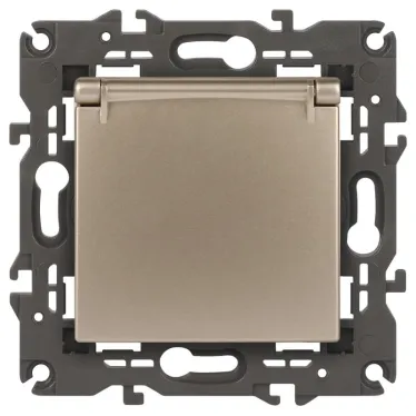 Розетка 2P+E Schuko со шторками с крышкой, 16А-250В, Эра Elegance, шампань, 14-2103-04