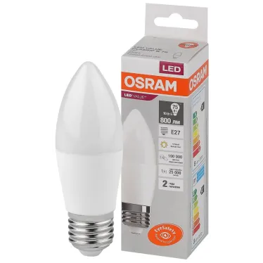 Лампа светодиодная LED 10 Вт E27 3000К 800Лм свеча 220 В (замена 75Вт) OSRAM