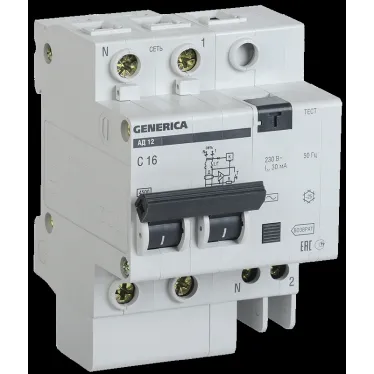 Выключатель автоматический дифференциальный АД12 2Р 16А 30мА GENERICA