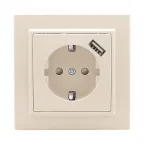 Розетка Минск 1-местная СП c заземлением 16А бежевая с защитными шторками с USB 1А