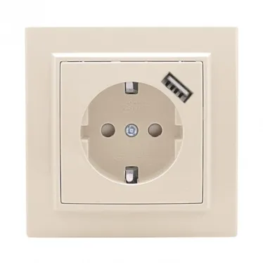 Розетка Минск 1-местная СП c заземлением 16А бежевая с защитными шторками с USB 1А