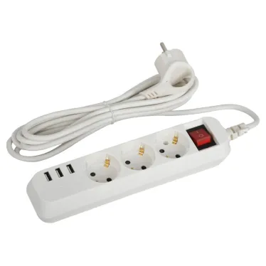 Удлинитель электрический U-3es-3m-USB c заземлением с выключателем 3 розетки + 3xUSBA 3м 10А