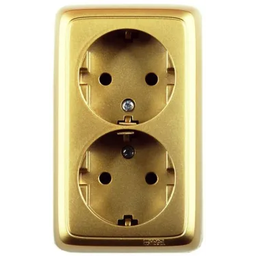 Розетка двойная наружная с заземлением со шторками с изоляционной пластиной золото