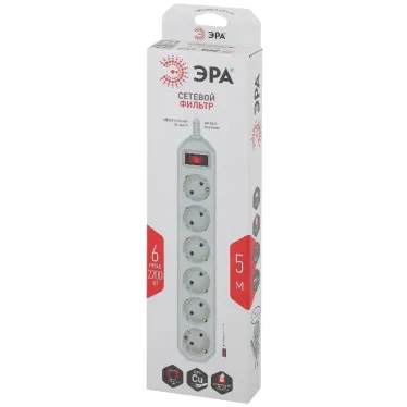 Сетевой фильтр (белый) с заземл, 3x0,75мм2, с выкл, 6гн, 5м USF-6es-5 м-W-BOX