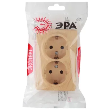 Розетка 2х2P+E Schuko, 16A-250В, ОУ, Эра Эксперт, сосна, 11-2205-11