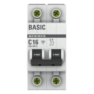 Выключатель автоматический двухполюсный ВА 47-29 16А C 4,5кА Basic | mcb4729-2-16C | EKF