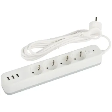 Сетевой фильтр USF-4es-1,5m-3xUSBA-W с базовой защитой с заземлением с выключателем 4 розетки+3xUSBA 3,1A 1,5м 10А