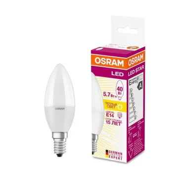 Лампа светодиодная LED 5.7Вт E14 LS CLB40 теплый, матовая свеча Osram