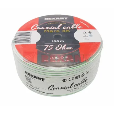Кабель коаксиальный MARS 4K, Cu/Al/CuSn, 96%, 75 Ом, бухта 100 м, белый, REXANT