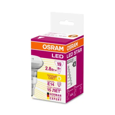 Лампа светодиодная LED 2.8Вт Е14 STAR R50 (замена 19Вт), теплый белый свет Osram
