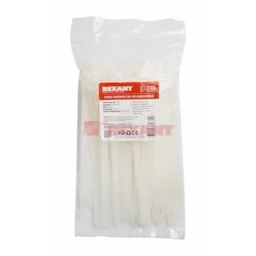 хомут-стяжка нейлоновая многоразовая 200x7,5 мм, белая, (1уп - 100шт), REXANT