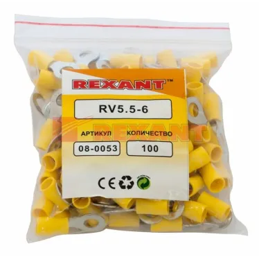 Наконечник кольцевой изолир 6.5 мм 4-6 кв мм (НКи 6.0-6 НКи5,5-6) желтый, REXANT