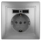 Розетка 2P+E Schuko со шторками с заземлением , 16А-250В + 2хUSB 5В-2,1А, IP20, СУ, алюминий, Intro Plano 1-410-03