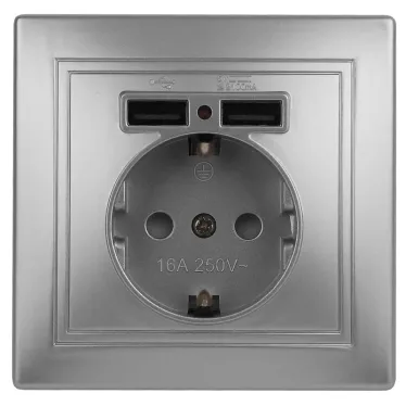 Розетка 2P+E Schuko со шторками с заземлением , 16А-250В + 2хUSB 5В-2,1А, IP20, СУ, алюминий, Intro Plano 1-410-03