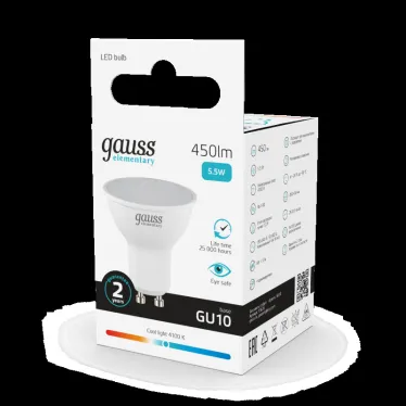 Лампа светодиодная LED 5.5 Вт 450 лм 4100К софит MR16 нейтральный GU10 AC 220В Elementary Gauss