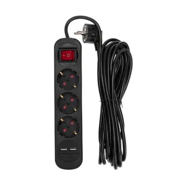 Удлинитель STANDARD 3 гнезда, 5 м, 3х1,0 мм2, с/з, с выключателем, 2 USB, черный