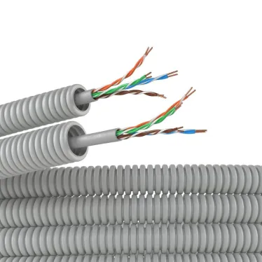 Электротруба ПВХ гибкая гофрированная д.16мм цвет серый с кабелем витая пара 5EU/UTP нг(А)-HF 100м