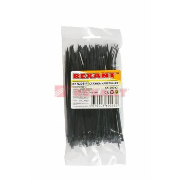 Хомут-стяжка кабельная нейлоновая 200x2,5 мм, черная, упаковка 100 шт, REXANT