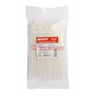 Хомут-стяжка кабельная нейлоновая 200x7,6 мм, белая, упаковка 100 шт, REXANT